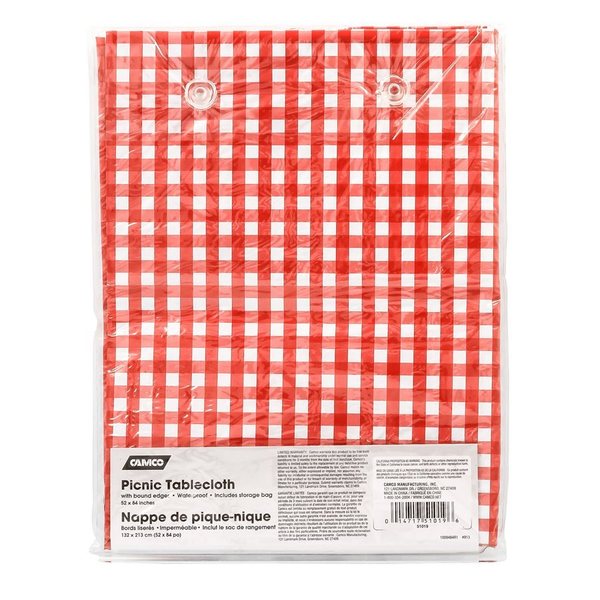 Camco PICNIC TABLECLOTH, RED/WHITE 52IN X 84IN, BILINGUAL 51019